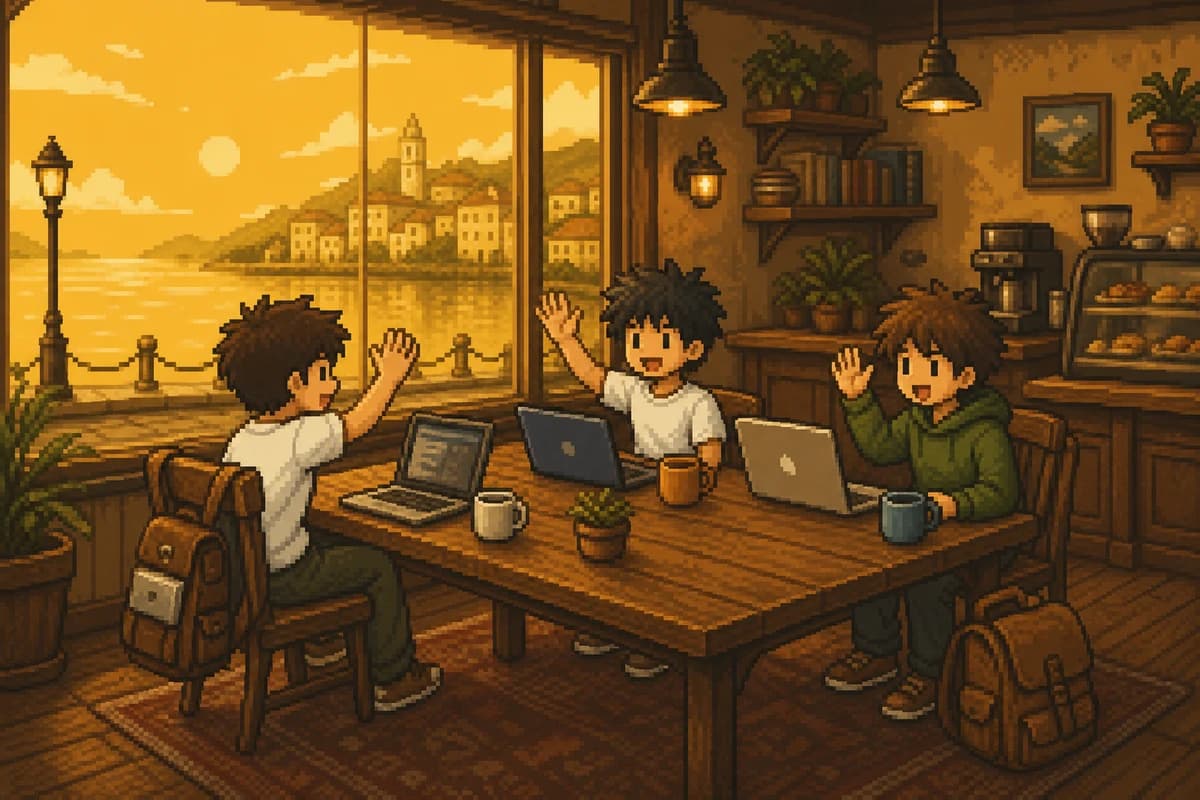 한 테이블에 모여 노트북으로 일하며 인사를 나누는 세 사람 — 디지털 노마드 커뮤니티에서 만나는 동료들