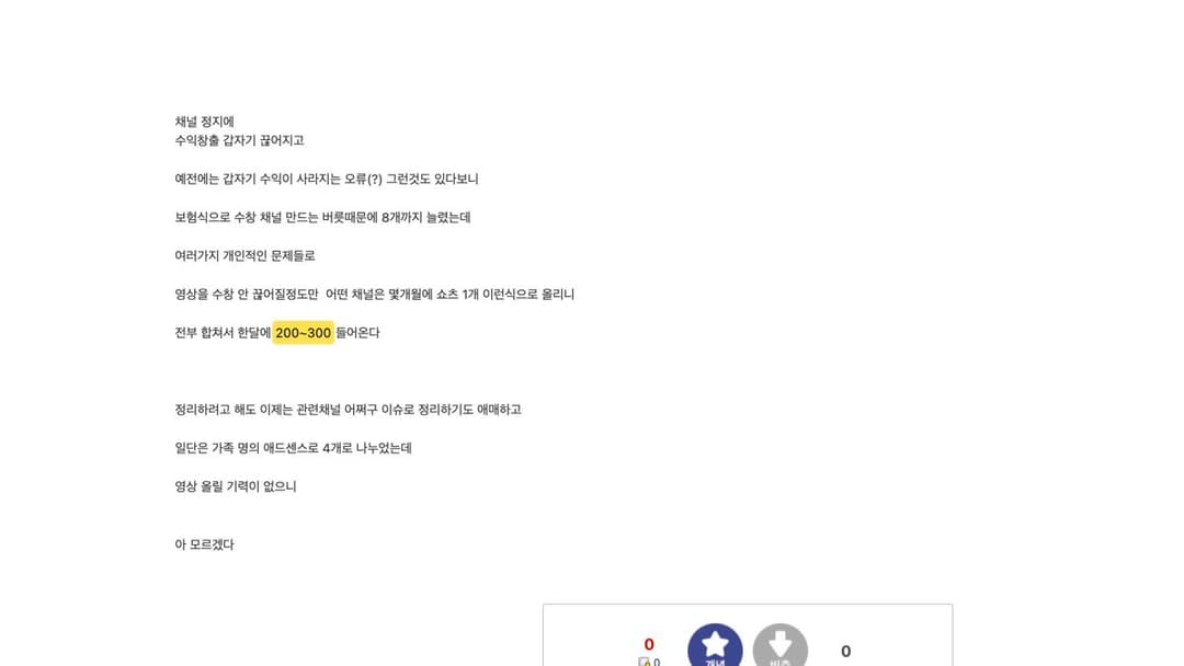 수익 창출 채널 8개 합쳐 월 200~300이라는 디시인사이드 글