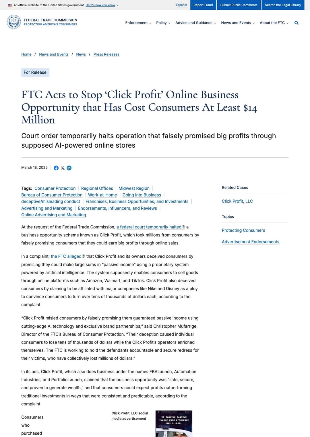 FTC의 Click Profit 제재 보도자료, 소비자 피해 최소 1,400만 달러
