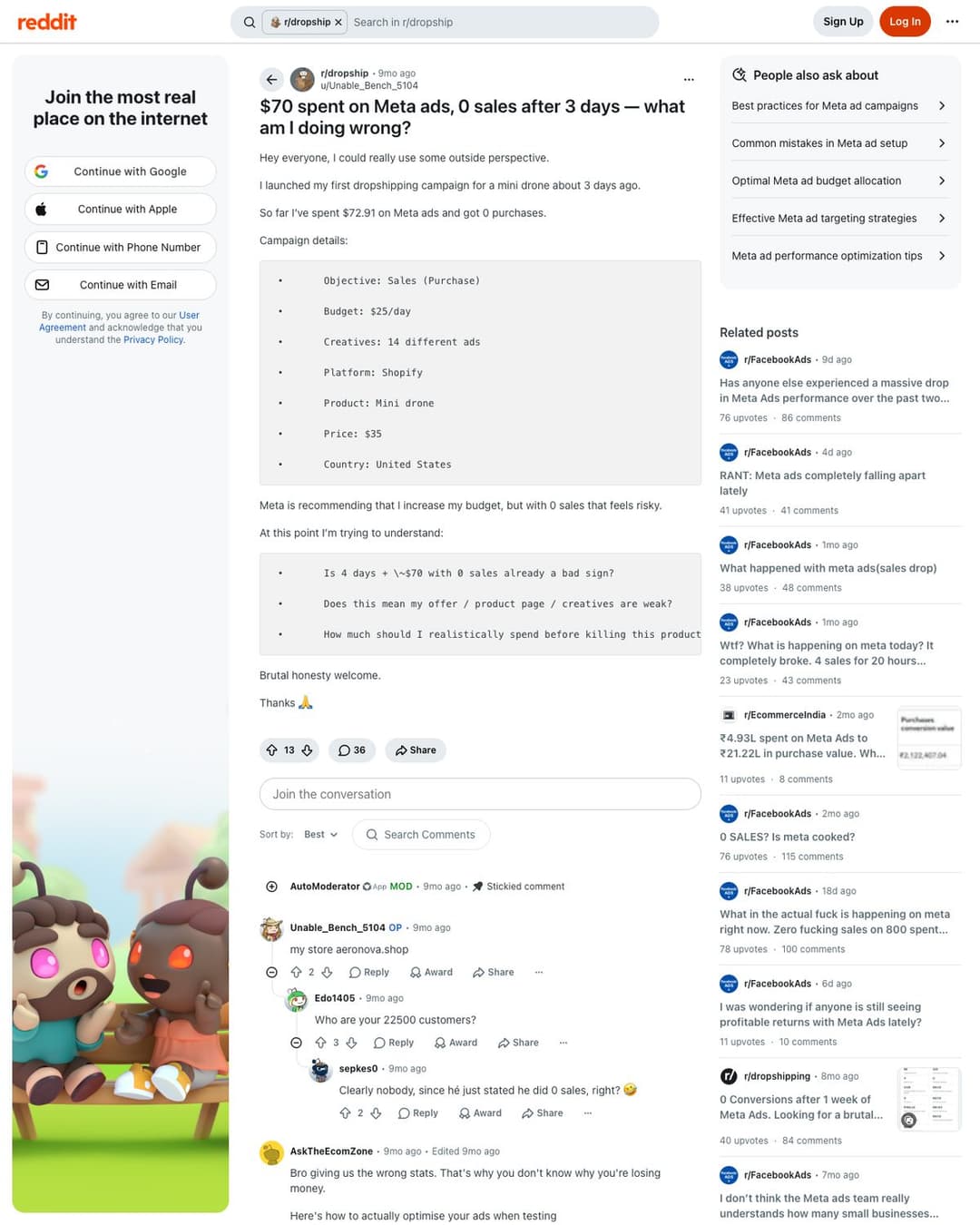 Meta 광고 72.91달러 지출, 3일간 주문 0건이라는 r/dropship 글