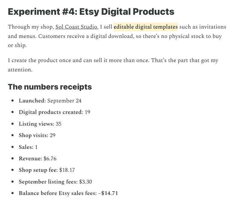 Etsy 디지털 템플릿 19개, 3주 판매 1건 6.76달러, 수수료 전 -14.71달러