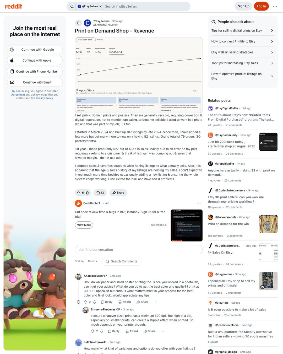 프린트 온 디맨드 샵 첫 해 매출 355달러에 이익 27달러라는 r/EtsySellers 글