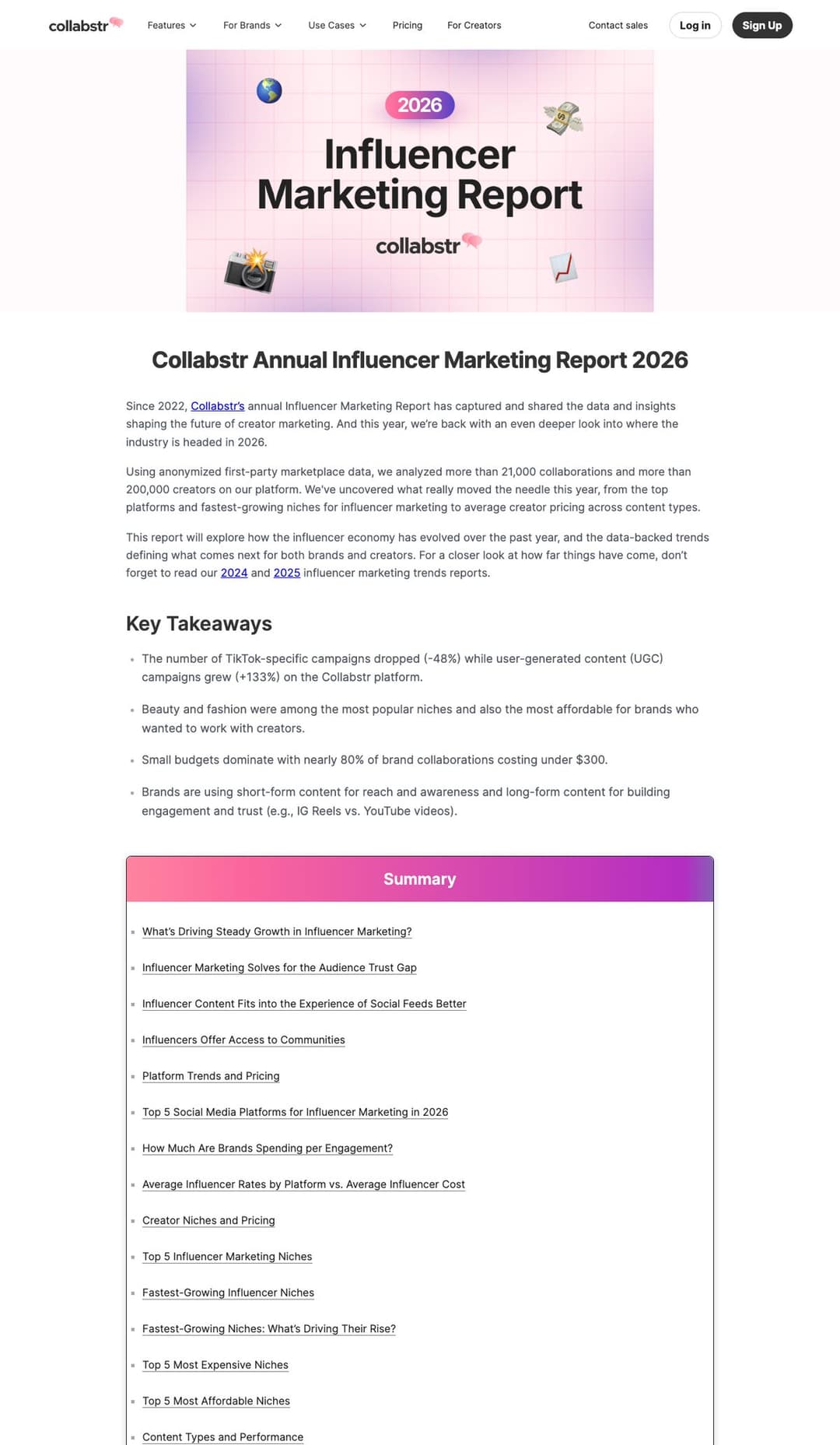 Collabstr 2026 인플루언서 마케팅 보고서, 협업 80%가 300달러 미만
