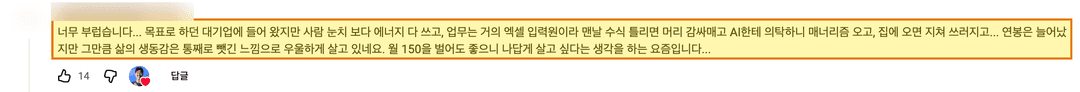 디지털 노마드 유튜브 영상 댓글. 대기업에 들어왔지만 눈치 보다 에너지를 다 쓰고, 월 150을 벌어도 나답게 살고 싶다는 직장인의 글